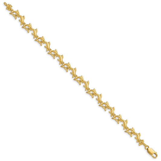 14K Solid Gold Polished Dolphins Bracelet, 6.22mm, Lobster Clasp