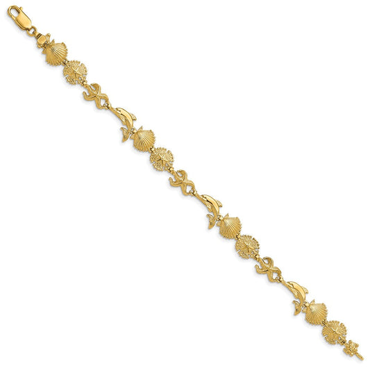 14K Solid Gold Polished Dolphin & Sea Shells Bracelet, 9.42mm, Lobster Clasp