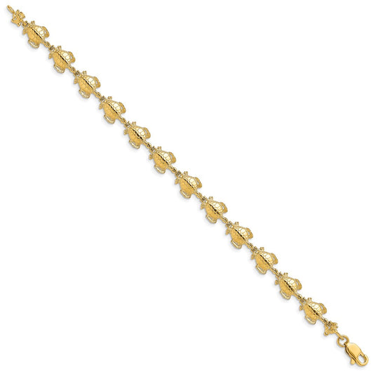 14K Solid Gold Polished Sea Turtle Bracelet, 8mm, Lobster Clasp
