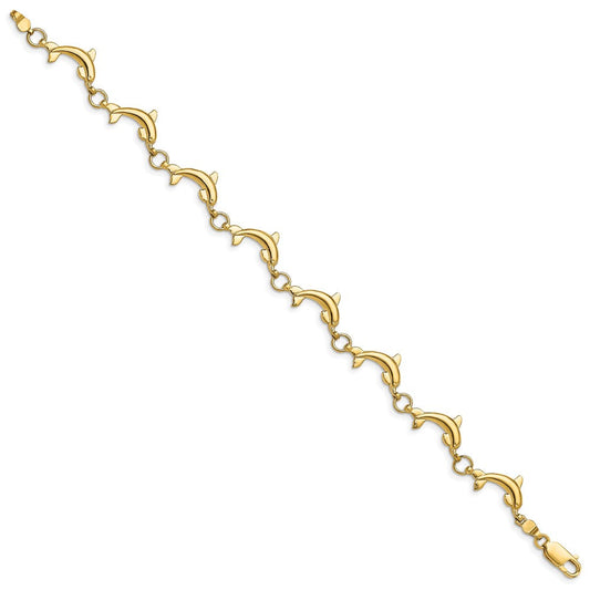 14K Solid Gold Polished Dolphin Link Bracelet, 6.34mm, Lobster Clasp