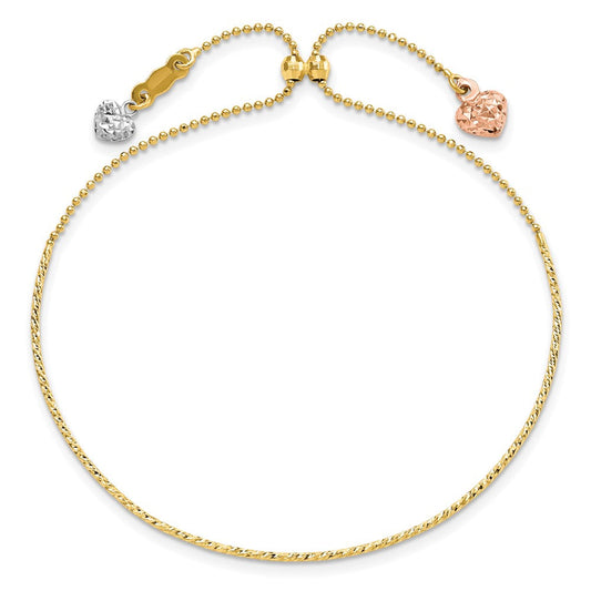 Adora 14K Solid Tri-Color Gold Diamond-cut Heart Dangles Half Bangle Adjustable Bracelet