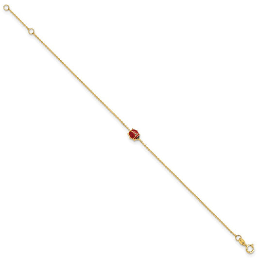 Children's 14K Gold Dotty Polished Red & Black Enamel Ladybug Bracelet Plus Extender