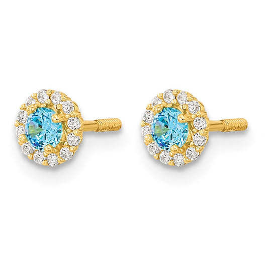 Madi K Polished Round Blue and Clear CZ Halo Screwback Post Earrings - WBC