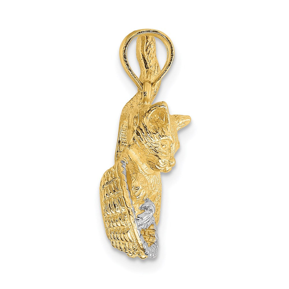 10K Gold Cat Playing with Yarn In Basket Charm, Rhodium-Plated, 25.4mm