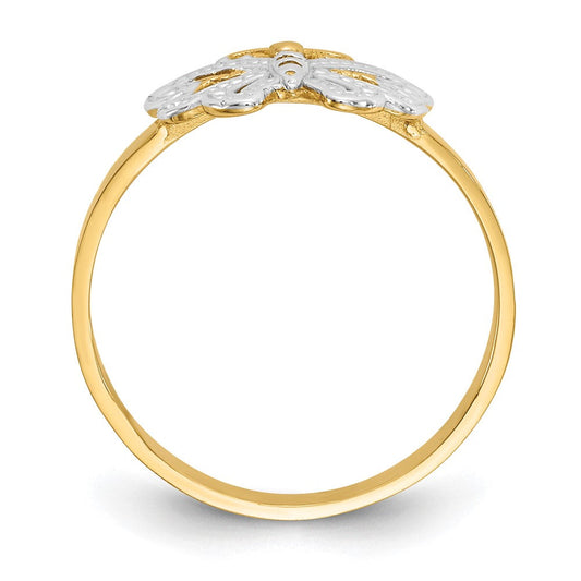 14K Solid Gold Butterfly Ring, Rhodium-Plated, 2mm
