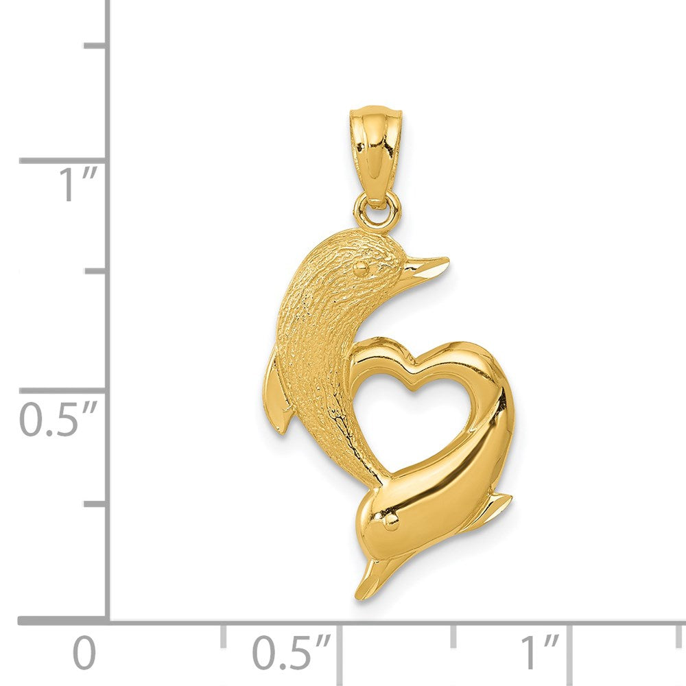 Diamond-cut Satin and Polished Dolphins Heart Pendant - WBC
