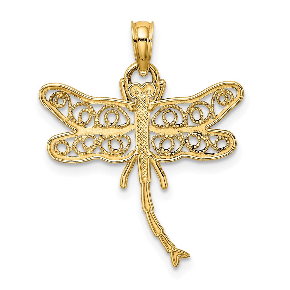 14K Gold Cobweb Dragonfly with Beaded Filigree Wings Charm, 21.3mm
