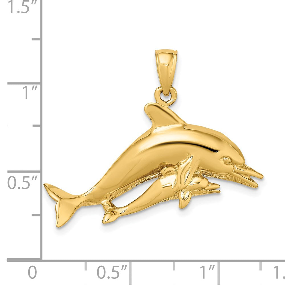 14K Gold 2-D Two Swimming Dolphins Charm, 31.6mm