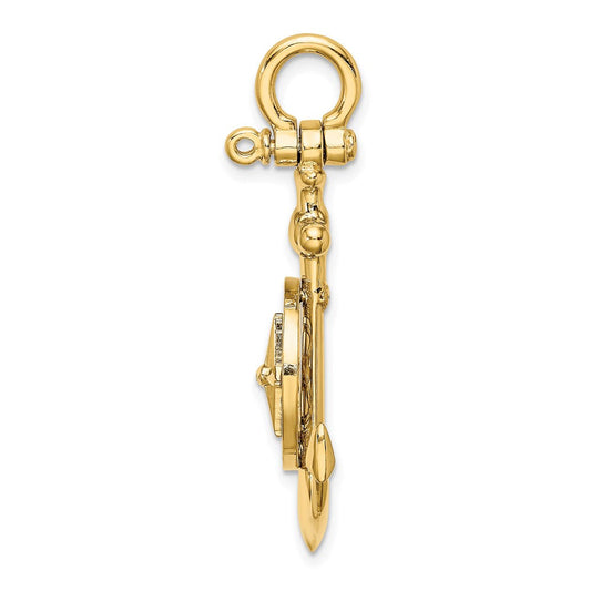 14K Gold 3-D Small Anchor with Nautical Compass with Shackle Bail Charm, 23mm