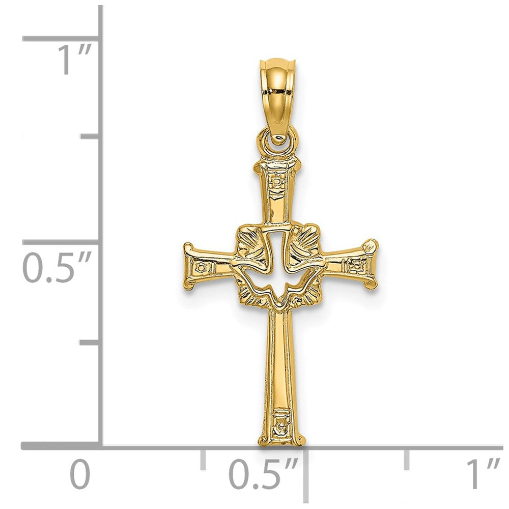 14K Gold Starling Polished & Textured Cross & Dove Charm, 13mm