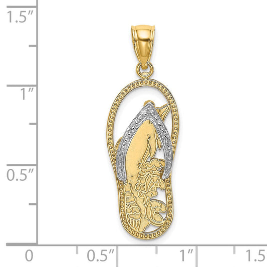 14K Gold W/ Rhodium Dolphin In Flip Flop Charm, 11.5mm