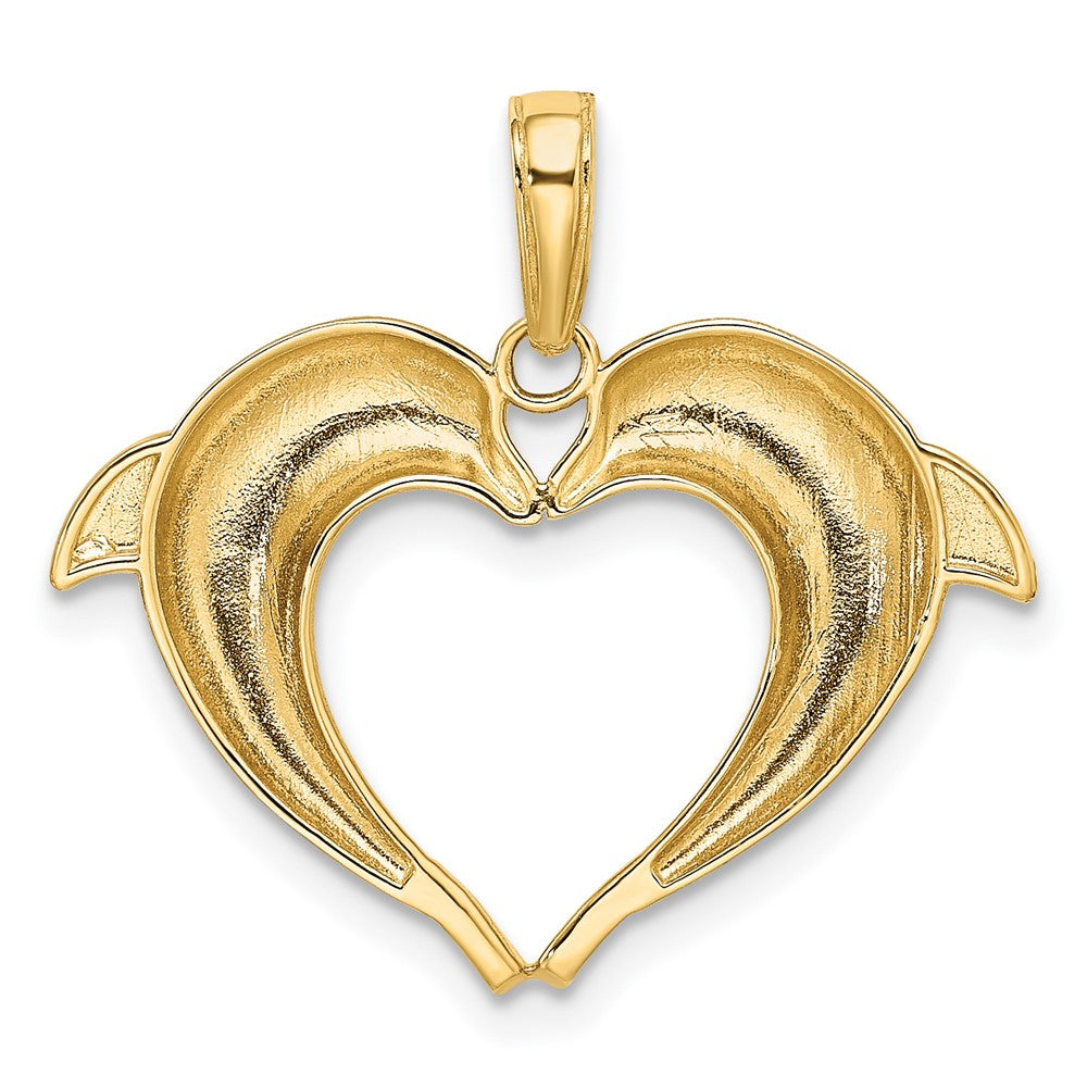 14K Gold Double Dolphin Heart Pendant, Rhodium-Plated, 25.24mm