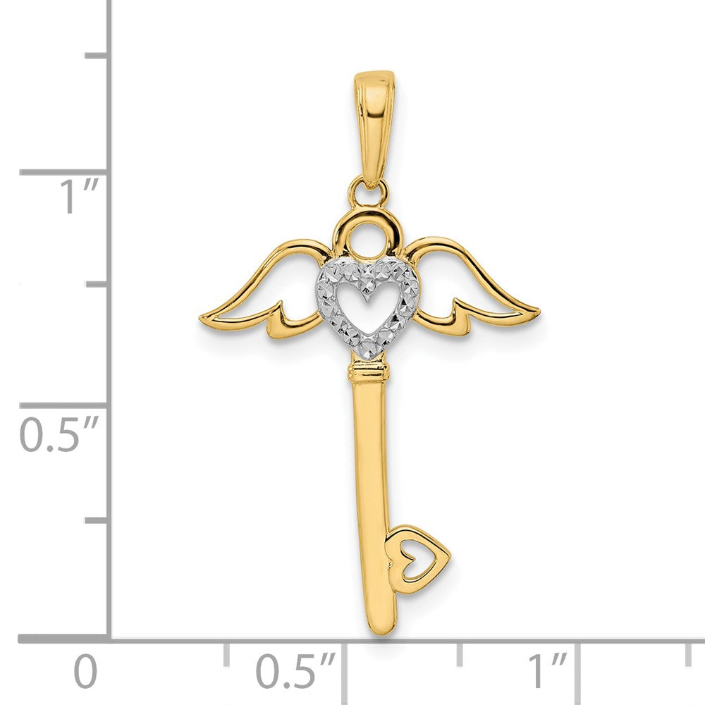 and Rhodium Diamond-cut Heart/Angel Wings Key Pendant - WBC