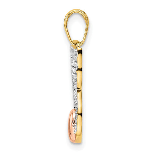 14K Gold Rhodium Diamond-cut Cat with Heart Pendant, 11mm