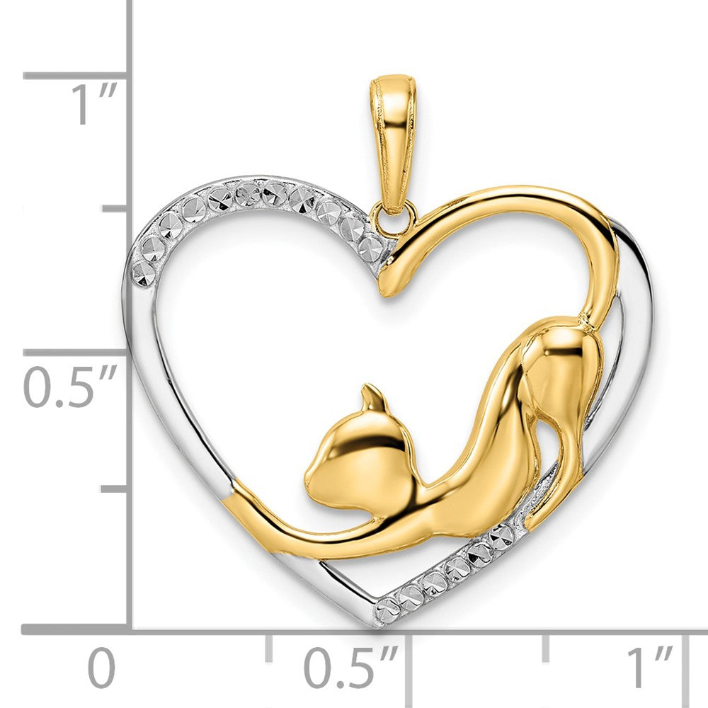 and Rhodium Diamond-cut Cat Stretching in Heart Pendant - WBC