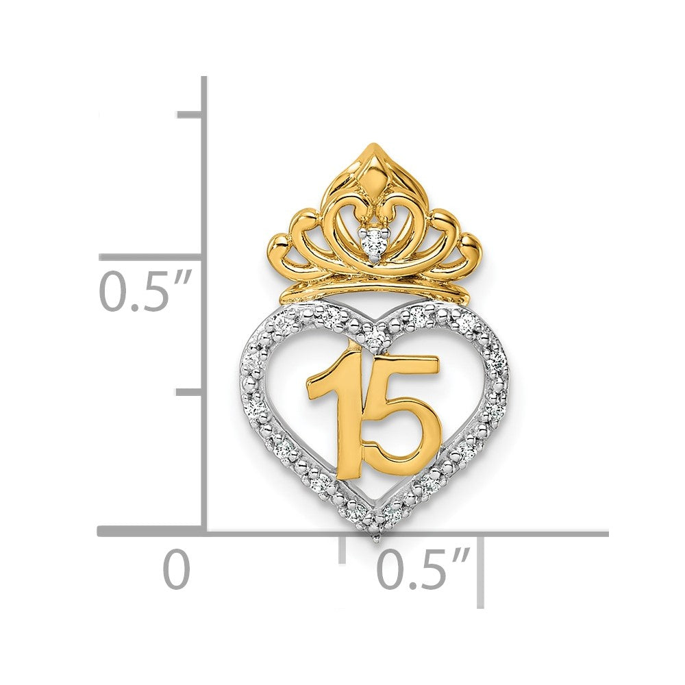 Two-tone 1/15 carat Diamond Quinceanera 15 Heart with Crown Chain Slide - WBC