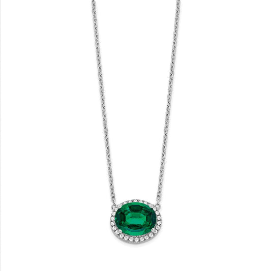 14K White Gold Meadow Oval Lab Created Emerald & Diamond Halo East-West Necklace