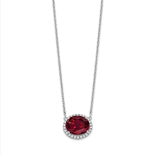 Burgundy 14K White Gold Oval Lab Created Ruby & Diamond Halo East-West Necklace