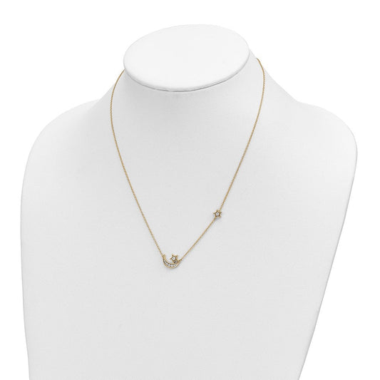 14K Gold Polished 1/5 ct Diamond Moon & Stars Necklace