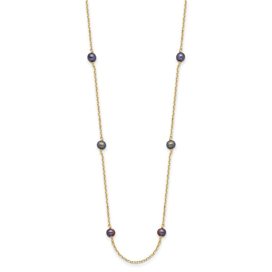 14K Gold 5 Black Near Round Freshwater Cultured Pearl 9-station Necklace
