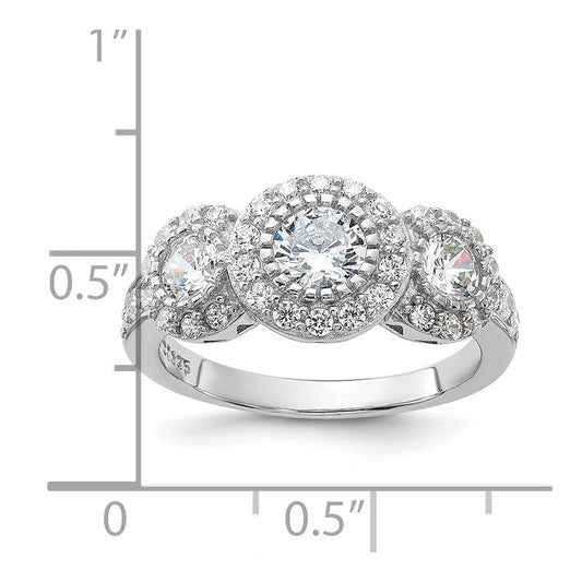 Sterling Silver Rhodium-plated 3-stone Ring, 2mm