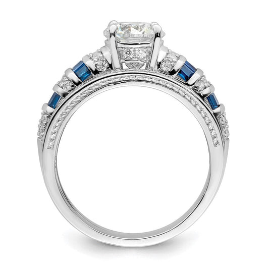 Sterling Silver Rh-plated Polished Blue & Engagement & Band Ring