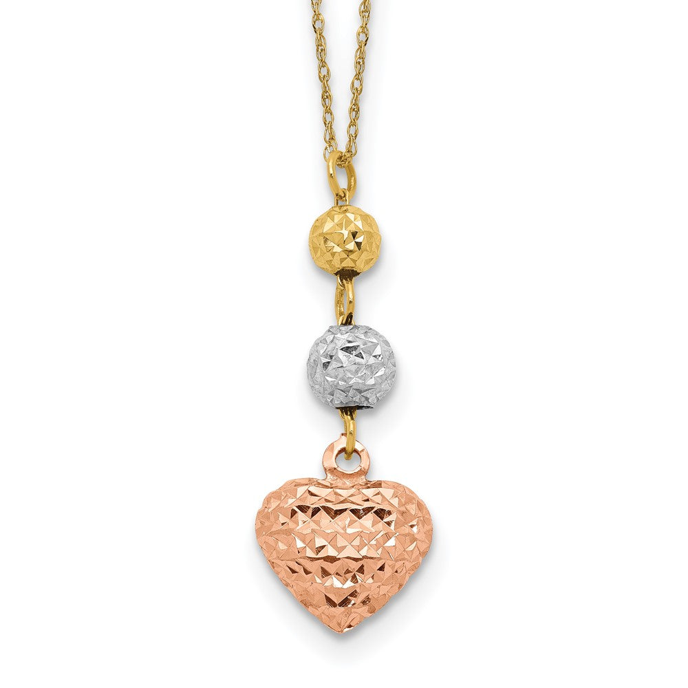 Cuore 14K Tri-Color Gold Diamond-cut Beads & Puffed Heart Necklace Plus Extender