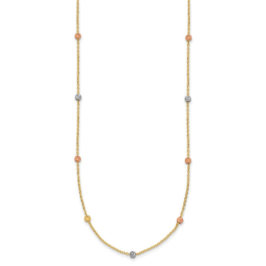 14K Tri-Color Gold Polished Diamond-cut Beads Station Necklace