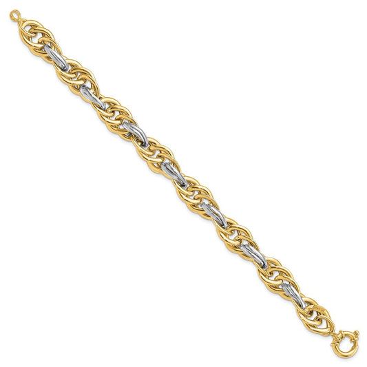 14K Two-Tone Gold Polished Fancy Rope Link Bracelet, 11.5mm