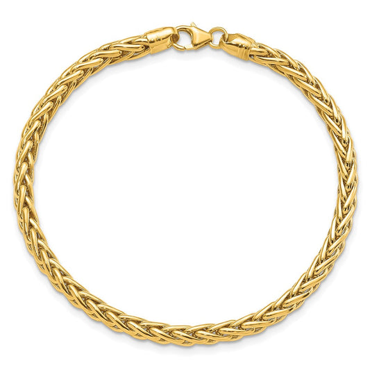 14K Gold Polished Fancy Wheat Link Bracelet, 4mm, Fancy Lobster Clasp