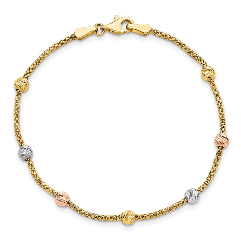 Tri-color Diamond-cut Beads and Mesh Chain 7-Station Bracelet - WBC
