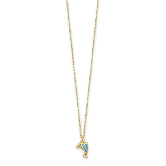 14K Gold Polished Enamel Dolphin 16.5in Necklace