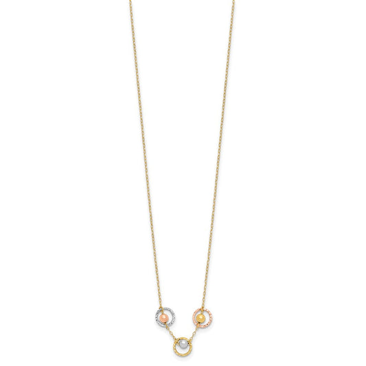 14K Tri-Color Gold Polished Beads in Three Diamond-cut Circles Necklace