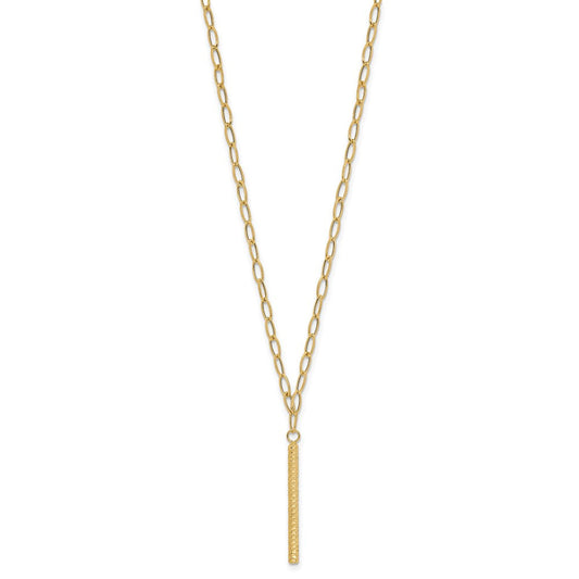 14K Gold Polished Oval Link Chain with Diamond-cut Bar Dangle Necklace