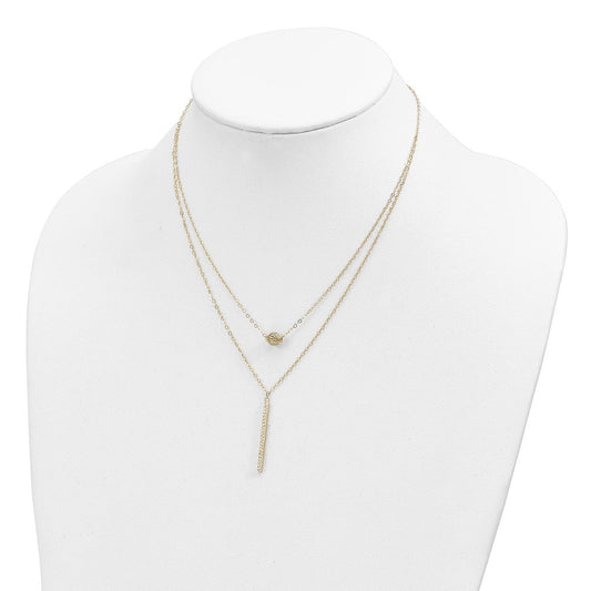Moresque 14K Gold Double Layer Hollow Filigree Bead & Diamond-cut Bar Necklace Plus Extender