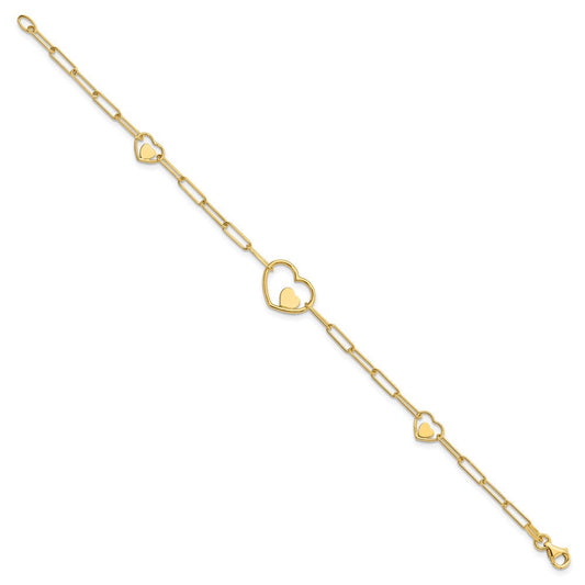 14K Gold Double Hearts & Paperclip Links 7.25in Bracelet, 2.6mm