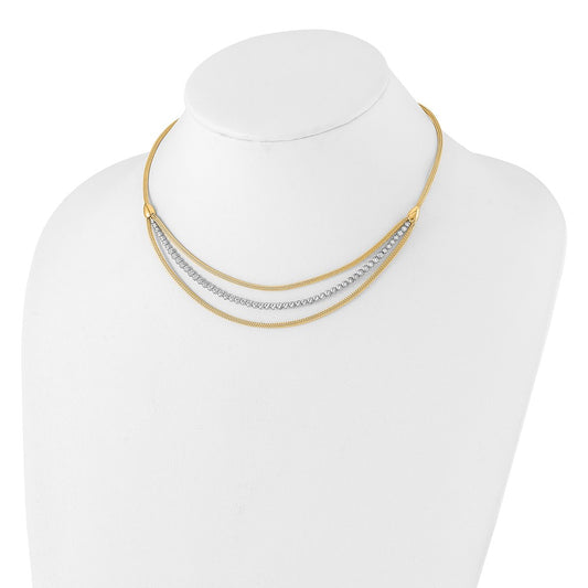 Two-tone Diamond-cut Beads and Mesh Chain 3-Strand Bib Necklace Plus Extender - WBC
