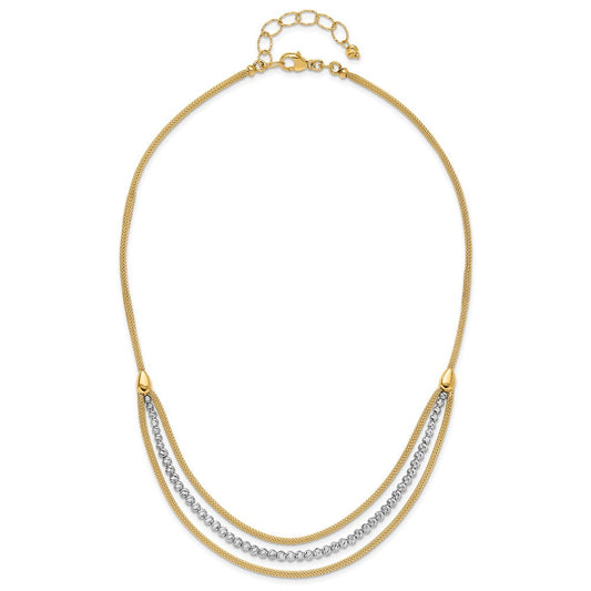 14K Two-Tone Gold Diamond-cut Beads & Mesh Chain 3-Strand Bib Necklace Plus Extender