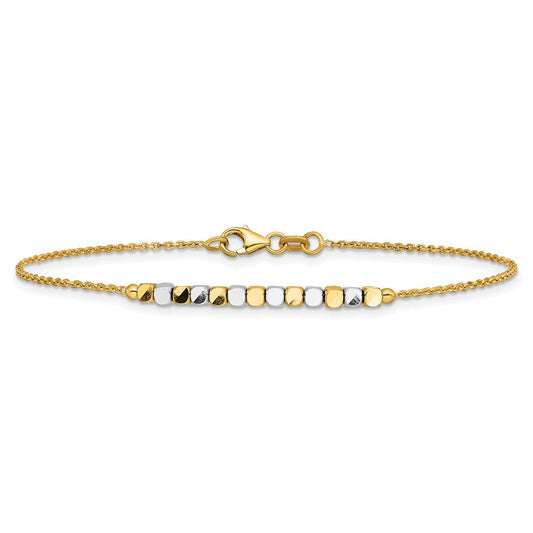 14K Two-Tone Gold Square Beaded Bracelet, 1mm, Fancy Lobster Clasp