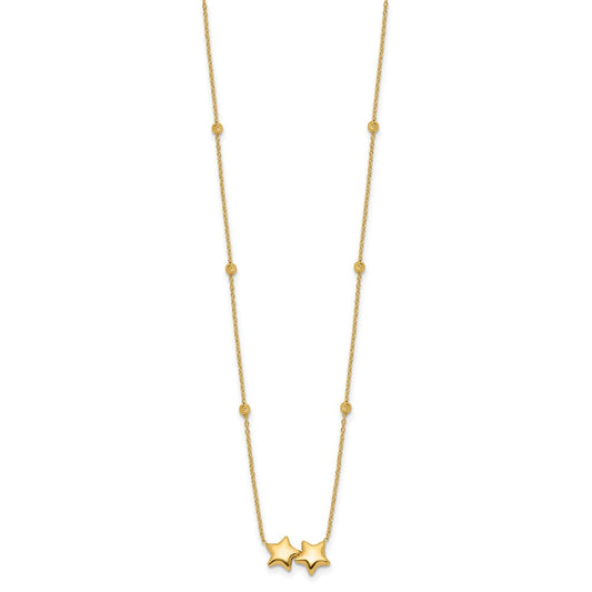 14K Gold Supernova Polished Double Star with Diamond-cut Beads Necklace Plus Extender