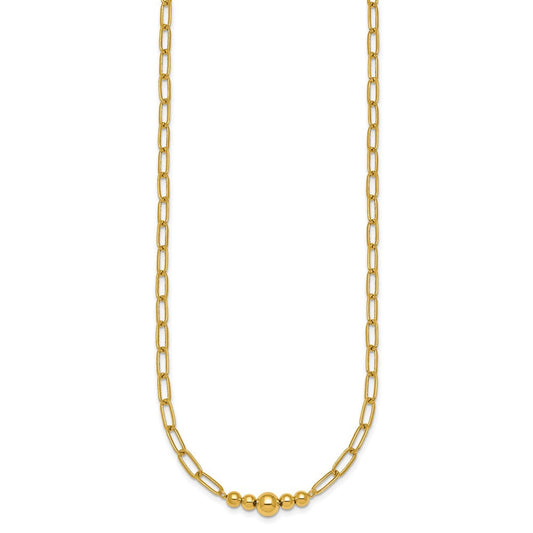 14K Gold Polished Graduated Beads Paperclip Link Necklace