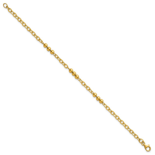 14K Gold Polished Fancy Beaded & Cable Link Bracelet, 3.5mm