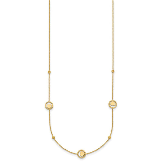 14K Gold Polished Heart in Circle with Diamond-cut Beads 7-Station Necklace