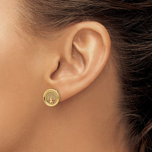 14K Gold Juniper Polished Filigree Tree of Life in Circle Stud Earrings