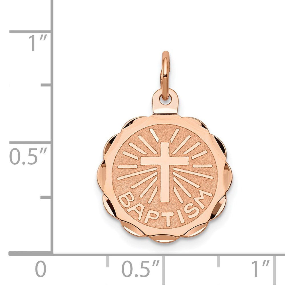 14K Rose Gold Baptism with Cross Round Disc Charm, 16mm