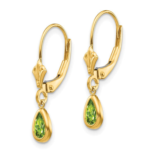14K Gold Pear Bezel August/Peridot Leverback Earrings, 4mm