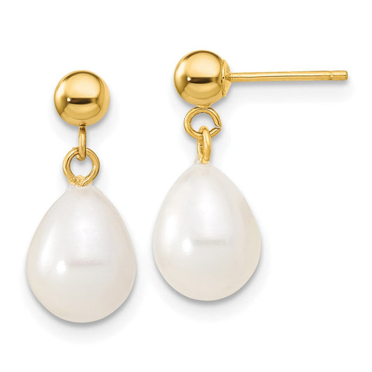 14K Gold 7mm Rice Freshwater Cultured Pearl Necklace & Bead Post Dangle Earring Set