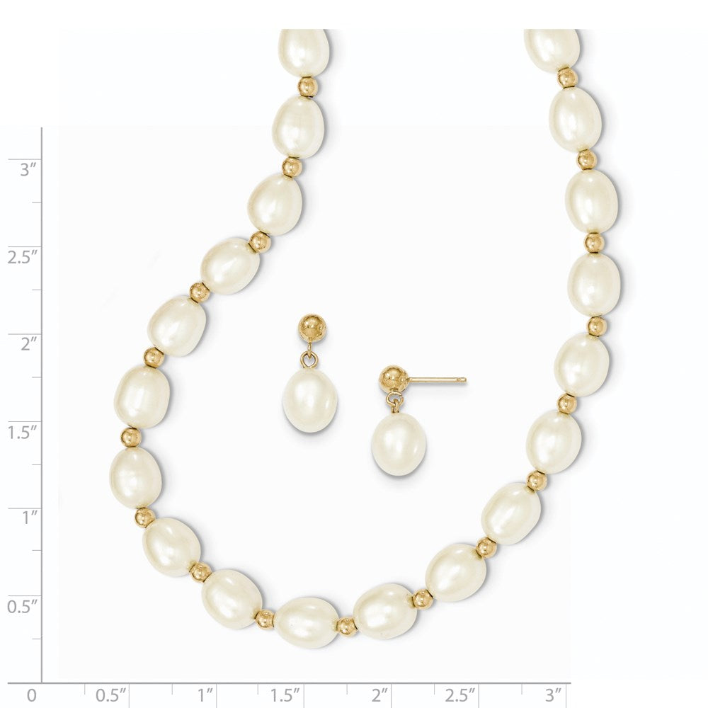 7- Rice Freshwater Cultured Pearl Necklace and Bead Post Dangle Earring Set - WBC