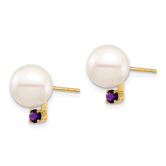 8- Round Freshwater Cultured Pearl and .14AM Amethyst Post Earrings - WBC
