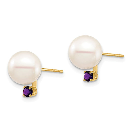 14K Gold 8mm Round Freshwater Cultured Pearl & 0.14 ct Amethyst Stud Earrings